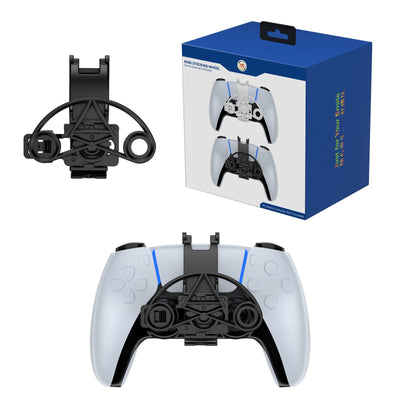 Black mini steering wheel attachment for PS5 controller, shown alone and attached to a white PS5 gamepad. - Image 3