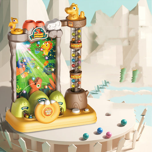 Dinosaur-themed children's board game with a marble run, interactive steering wheel, lights, and music.