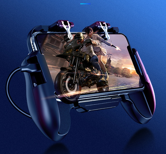Red and blue smartphone game controller grip with integrated cooling fan and metal trigger buttons, connected to a white USB cable. - Image 7