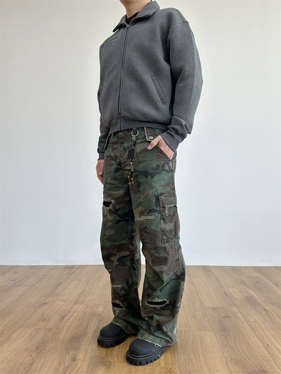 Pantalones Cargo Militares Desgastados con Bordados y Corte Recto Holgado - Image 7