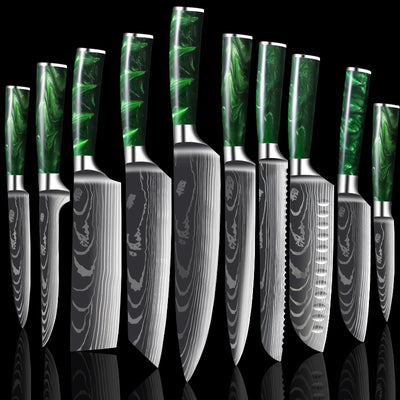 Cuchillo Damasco con Mango de Resina Verde y Grabado Láser