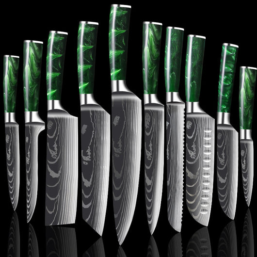 Cuchillo Damasco con Mango de Resina Verde y Grabado Láser