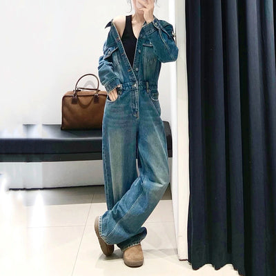 Jumpsuit Retro de Algodón Lavado Cintura Alta Pierna Recta