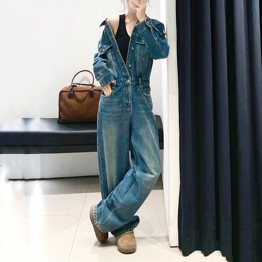 Jumpsuit Retro de Algodón Lavado Cintura Alta Pierna Recta