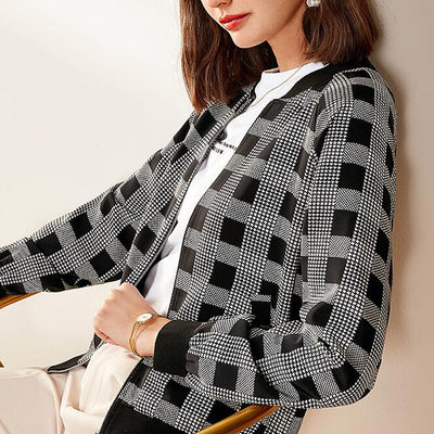Chaqueta Cuadros Blanco y Negro Mujer - Estilo Retro Casual Baseball - Image 8