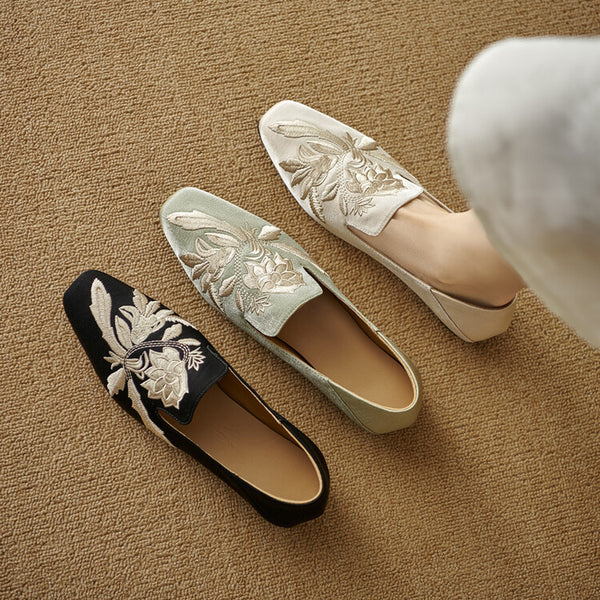 Zapatos Planos Bordados de Corte Bajo con Suela Suave para Mujer
