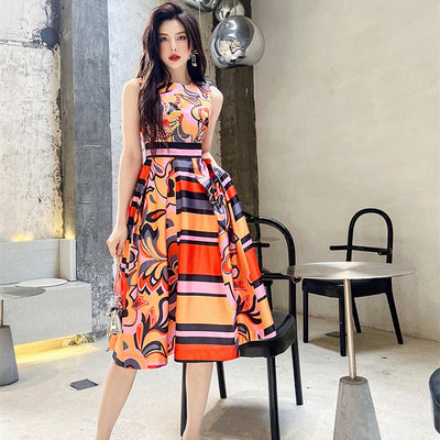 Vestido Estilo Francés con Estampa Elegante y Cintura Ajustada