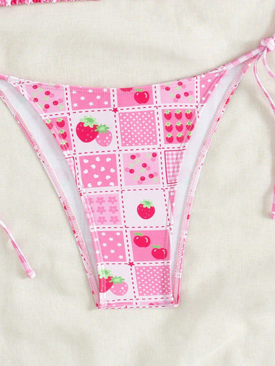 Female creative minimally printed split bikini set with a vibrant bohemian pattern and tie-side bottoms. - Image 17