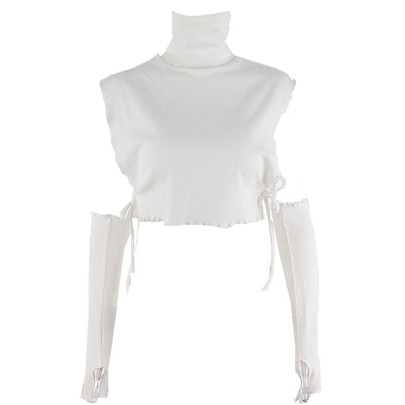 Conjunto de Blusa de Cuello Alto con Mangas Huecas y Detalle Lateral para Mujer