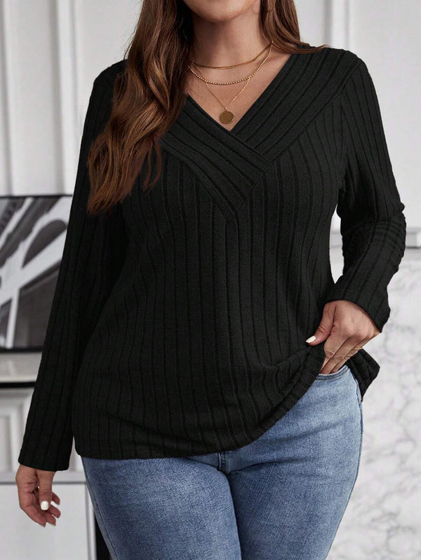 Suéter Tipo Polera Plus Size Cuello V Cruzado Manga Larga Textura Acanalada - Image 6