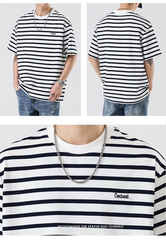 Camiseta Rayada Hombre Marca Americana - Corte Relajado Cuello Redondo - Image 12