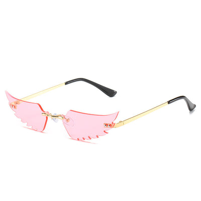 Red angel wings sunglasses with gold metal arms and black earpieces, featuring a unique rimless design. - Image 12