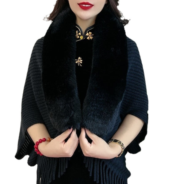 Chal Tejido con Cuello de Piel y Borlas para Mujer
