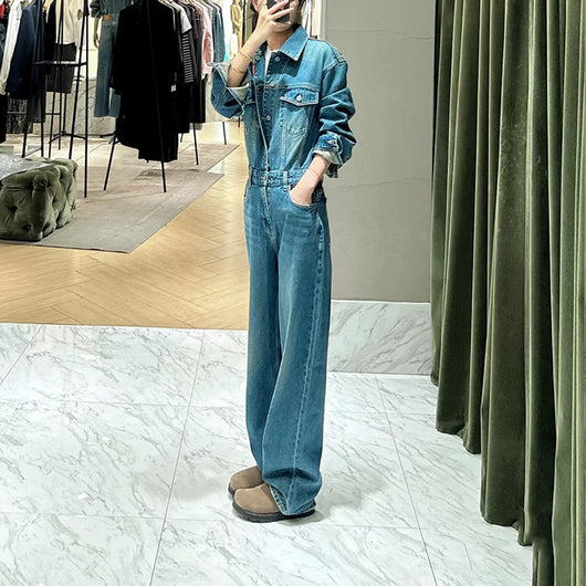 Jumpsuit Retro de Algodón Lavado Cintura Alta Pierna Recta - Image 8