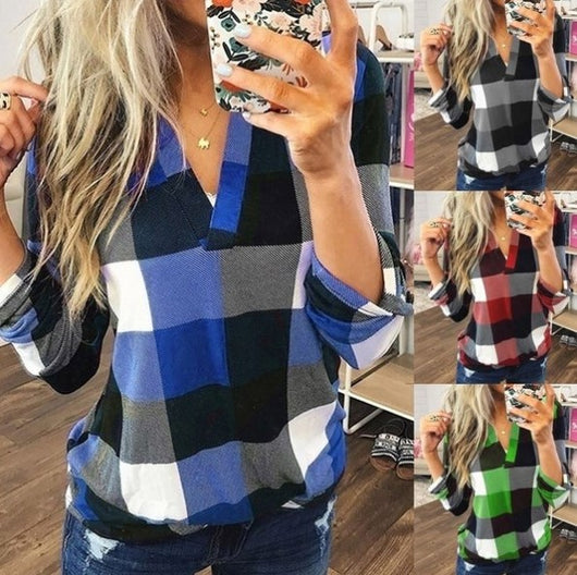 Camisa Casual de Cuadros con Escote en V y Mangas Largas - Image 27
