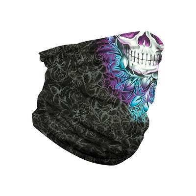 Black and white neck gaiter featuring a detailed skull and spine print, suitable for outdoor sports. - Image 14