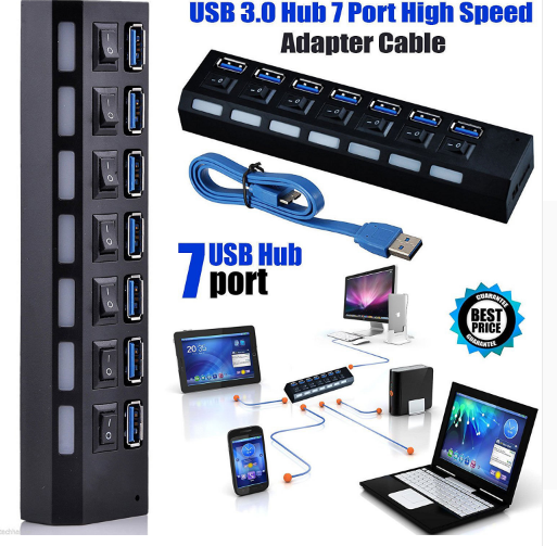Hub USB 3.0 de 7 Puertos de Alta Velocidad con Adaptador de Corriente