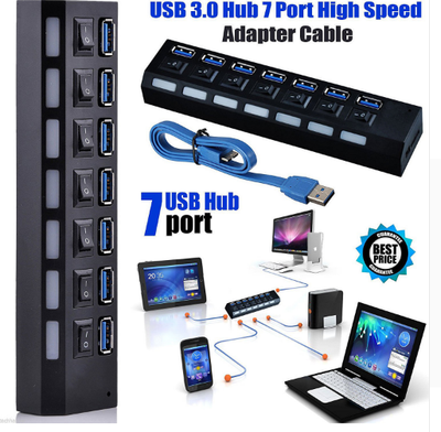 Hub USB 3.0 de 7 Puertos de Alta Velocidad con Adaptador de Corriente