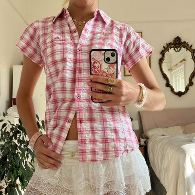 Camisa Cuadros Mujer Manga Corta Suelta Versátil