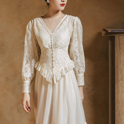 Blusa de Encaje Retro y Vestido de Malla Hada Delicada