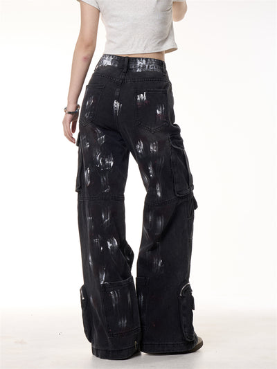 Pantalones de Trabajo Denim Multibolsillos con Diseño Graffiti Vintage - Image 7