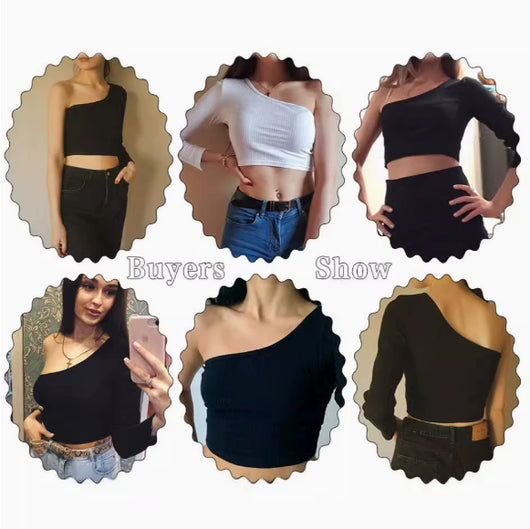 Top Corto Hombros Descubiertos Tejido Elástico para Mujer - Streetwear Blanco y Negro - Image 7