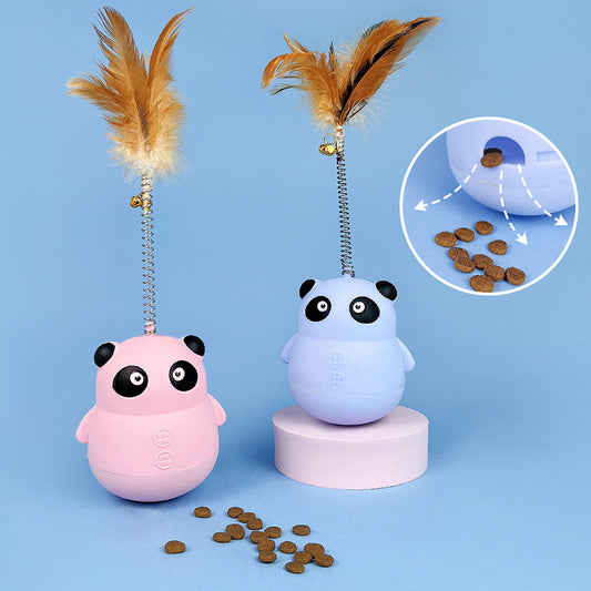 Light blue panda tumbler pet toy with a spring-attached feather and bell, designed to dispense treats.