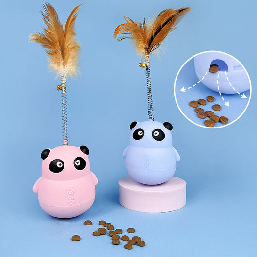 Light blue panda tumbler pet toy with a spring-attached feather and bell, designed to dispense treats.