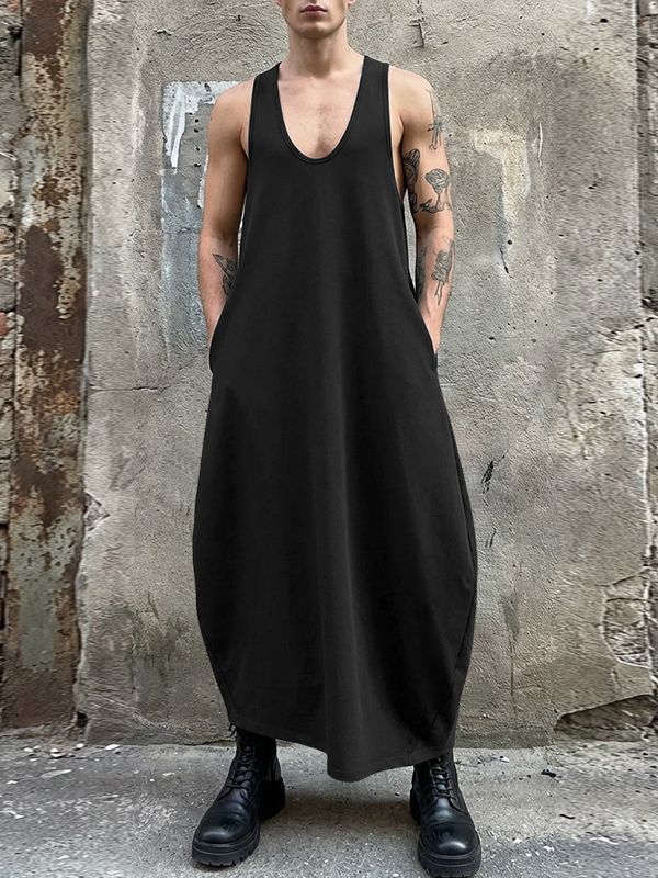 Vestido Maxi Flare Negro Hombre Cuello en U Sin Mangas Cintura Alta