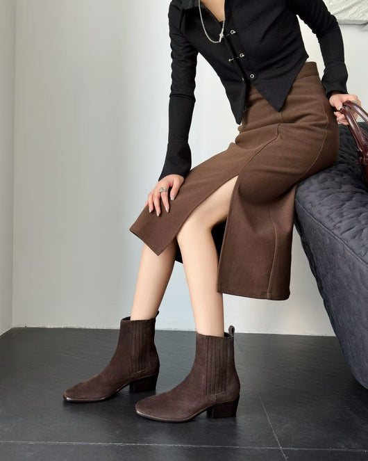Botas Tobilleras Estilo Francés en Cuero Genuino con Punta Cuadrada y Tacón Robusto - Image 10