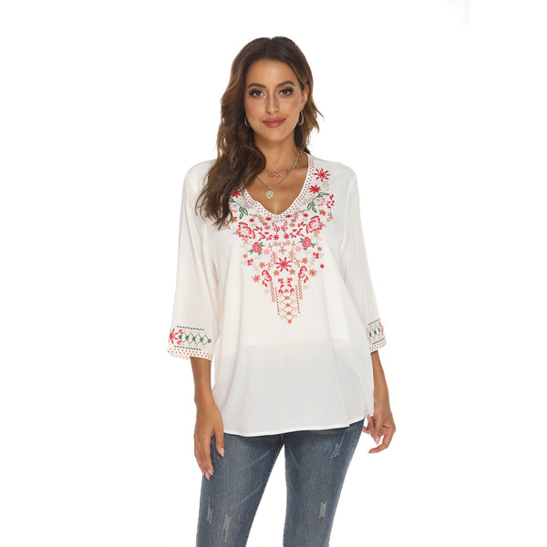 Blusa Suelta de Manga Larga con Bordado para Otoño e Invierno