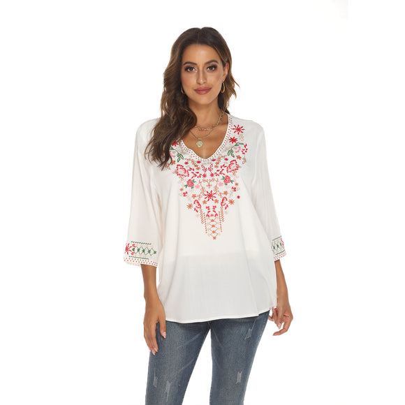 Blusa Suelta de Manga Larga con Bordado para Otoño e Invierno