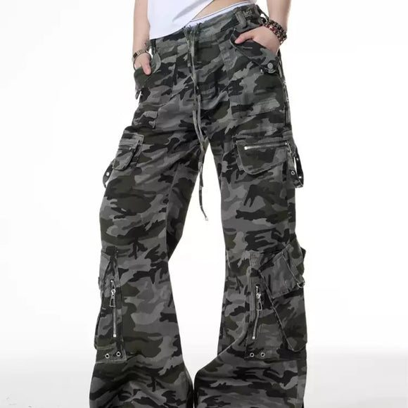 Pantalones Cargo Camuflaje Retro Cintura Baja Corte Holgado