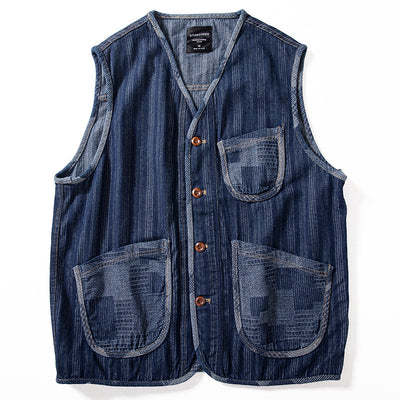 Chaleco Denim Retro Patchwork Color Block Marrón - Image 6
