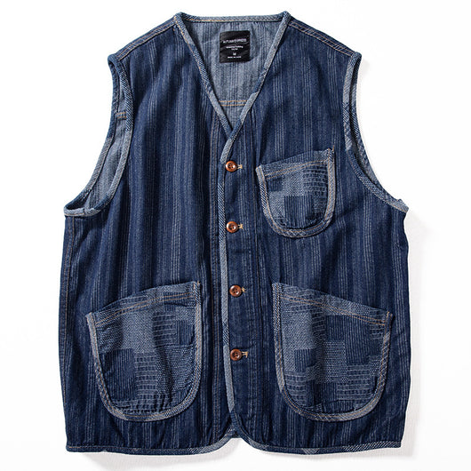 Chaleco Denim Retro Patchwork Color Block Marrón - Image 6