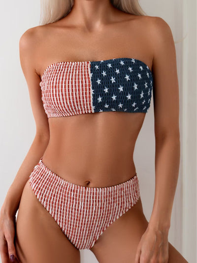 Women's two-piece bikini swimsuit with an American flag design, featuring a shirred bandeau top and high-waisted bottom. - Image 8
