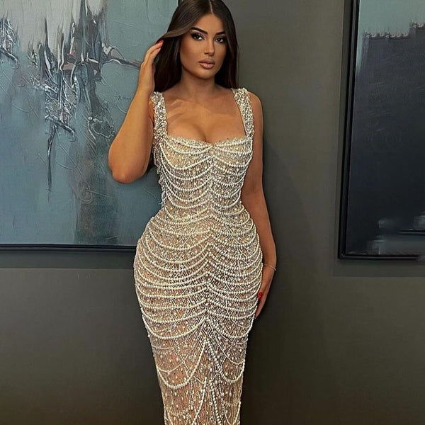 Vestido Sling de Lujo con Perlas - Elegancia Nude Premium