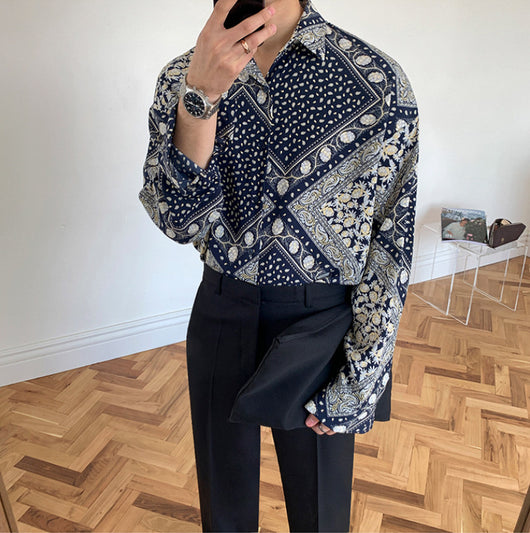 Camisa Suelta de Manga Larga Cashew Trendy para Hombre