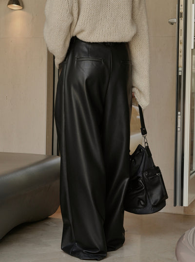 Pantalones PU Cintura Alta Ajustados con Piernas Anchas - Image 3