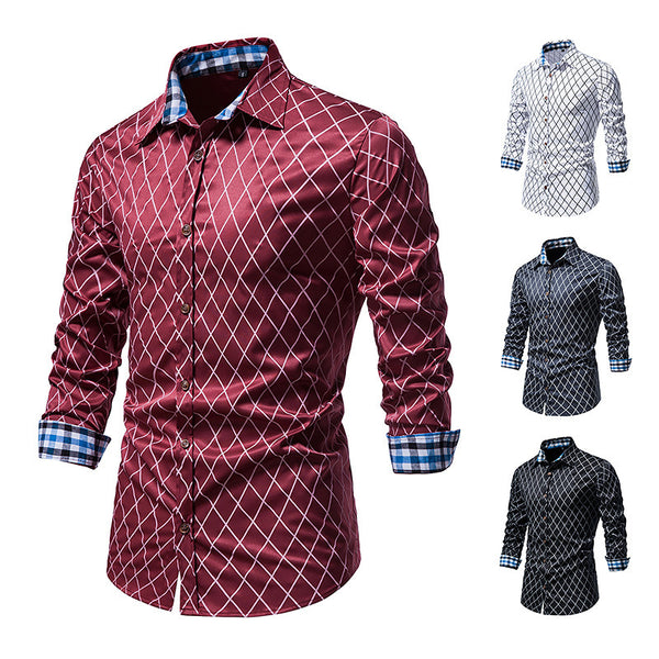 Camisa de Manga Larga para Hombre con Cuadros de Diamante y Contraste de Colores