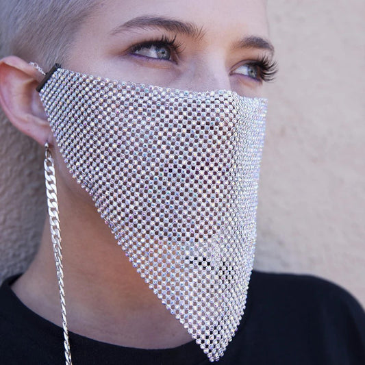 Gold rhinestone mask made of metal mesh, covering the face from the eyes to below the chin, displayed on a white mannequin head. - Image 2