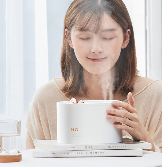 White portable humidifier with rose gold mountain-shaped mist outlet, 1000ml capacity, and compact design. - Image 6