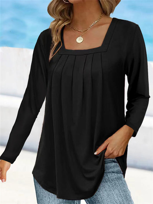 Blusa Plisada Cuello Cuadrado Manga Larga Talla Grande Algodón Imitación - Image 7