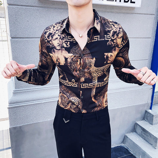 Camisa Estampada Manga Larga Ajuste Slim Estilo Coreano - Image 3
