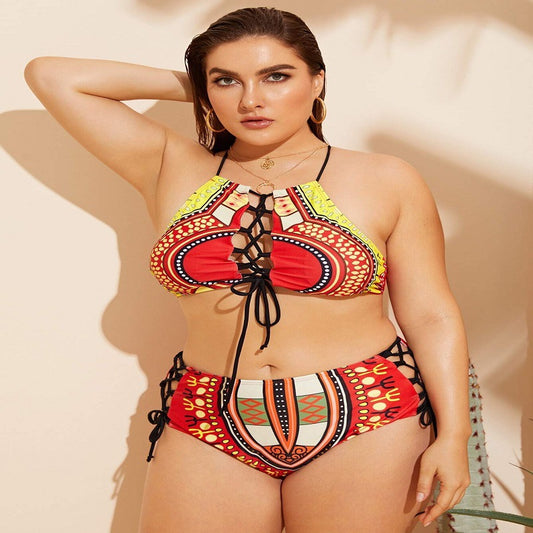 Traje de Baño Mujer Halter Multicolor con Encaje y Cortes Atrevidos