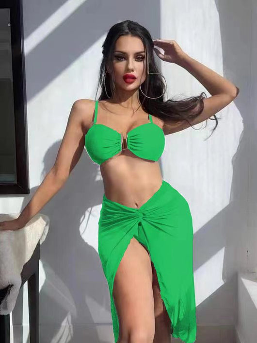 Bright green three-piece bikini set with a ruched bandeau top, matching bottoms, and a sheer knotted sarong skirt. - Image 8