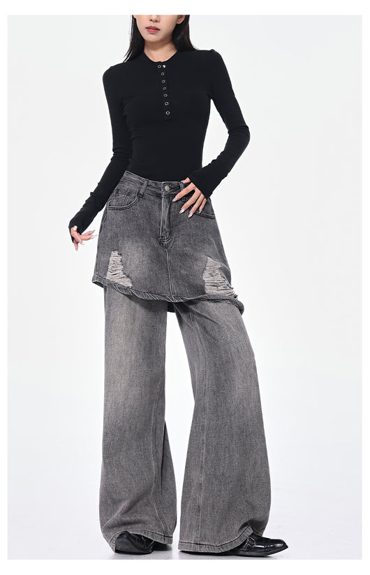 Pantalones Rectos Azul Vintage Efecto Desgastado Doble Tela para Mujer - Image 17