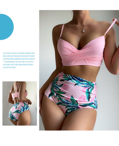 Woman wearing a bright yellow push-up bikini top and high-waisted bottoms with a green tropical leaf print. - Image 18
