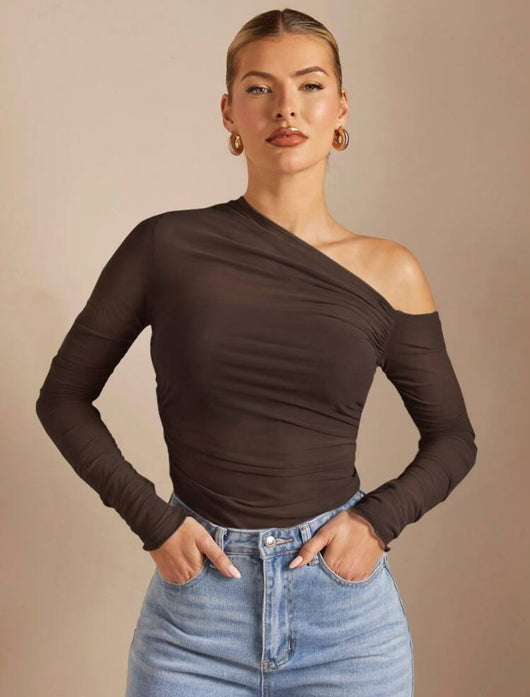 Blusa Larga de Malla Plisada con Manga Larga y Correa al Hombro para Mujer - Image 13