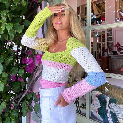Blusa Tejida Cuello Cuadrado Escote Bajo Rayas Multicolor Manga Larga Ajustada - Image 4